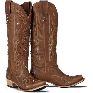 Women's Brown Leather Embroidery Knee High Western Cowgirl Boots Lightweight